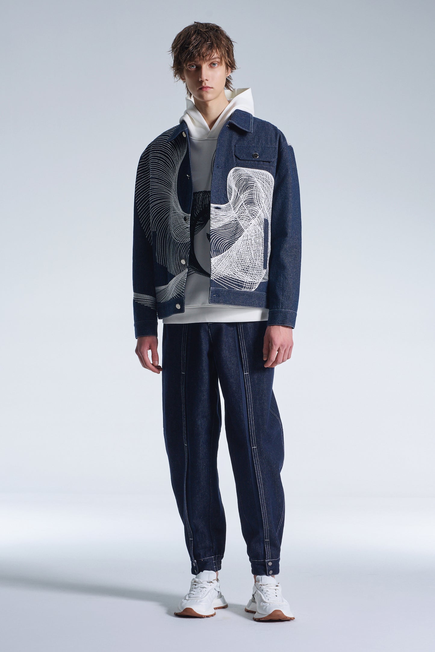 Denim Jacket With Twisted Wavy Lines Embroidery