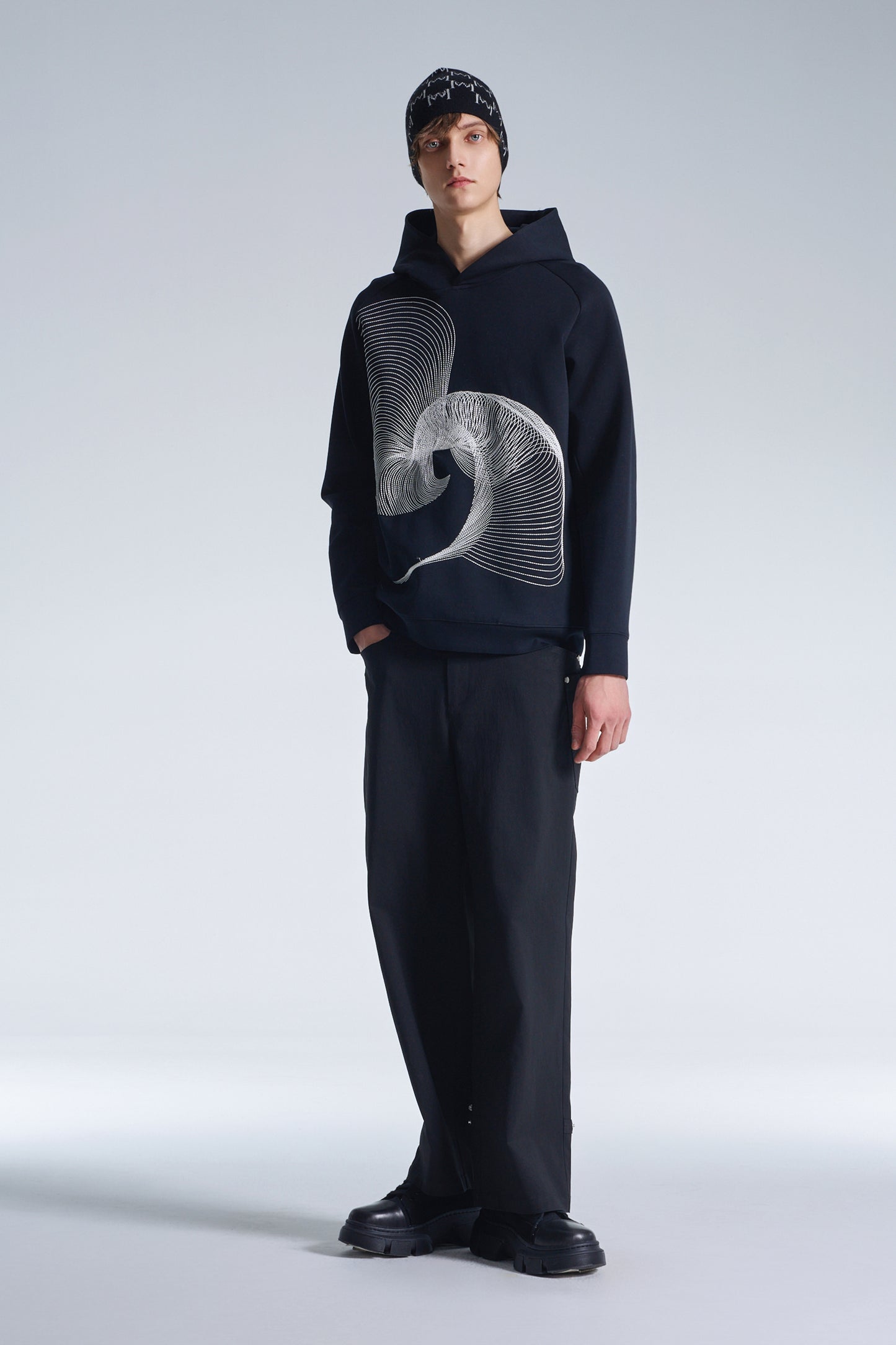 Hoodie With Twisted Wavy Lines Embroidery