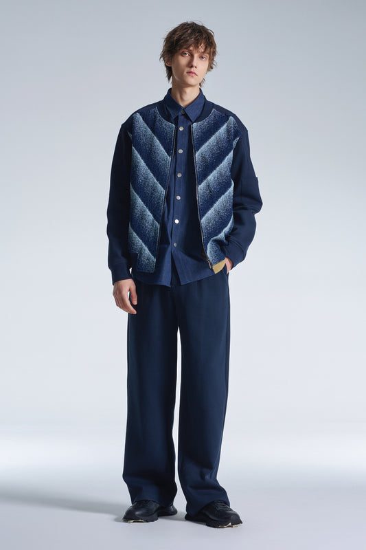 Bias Stripe Denim Zipper Jacket With Knit Sleeve