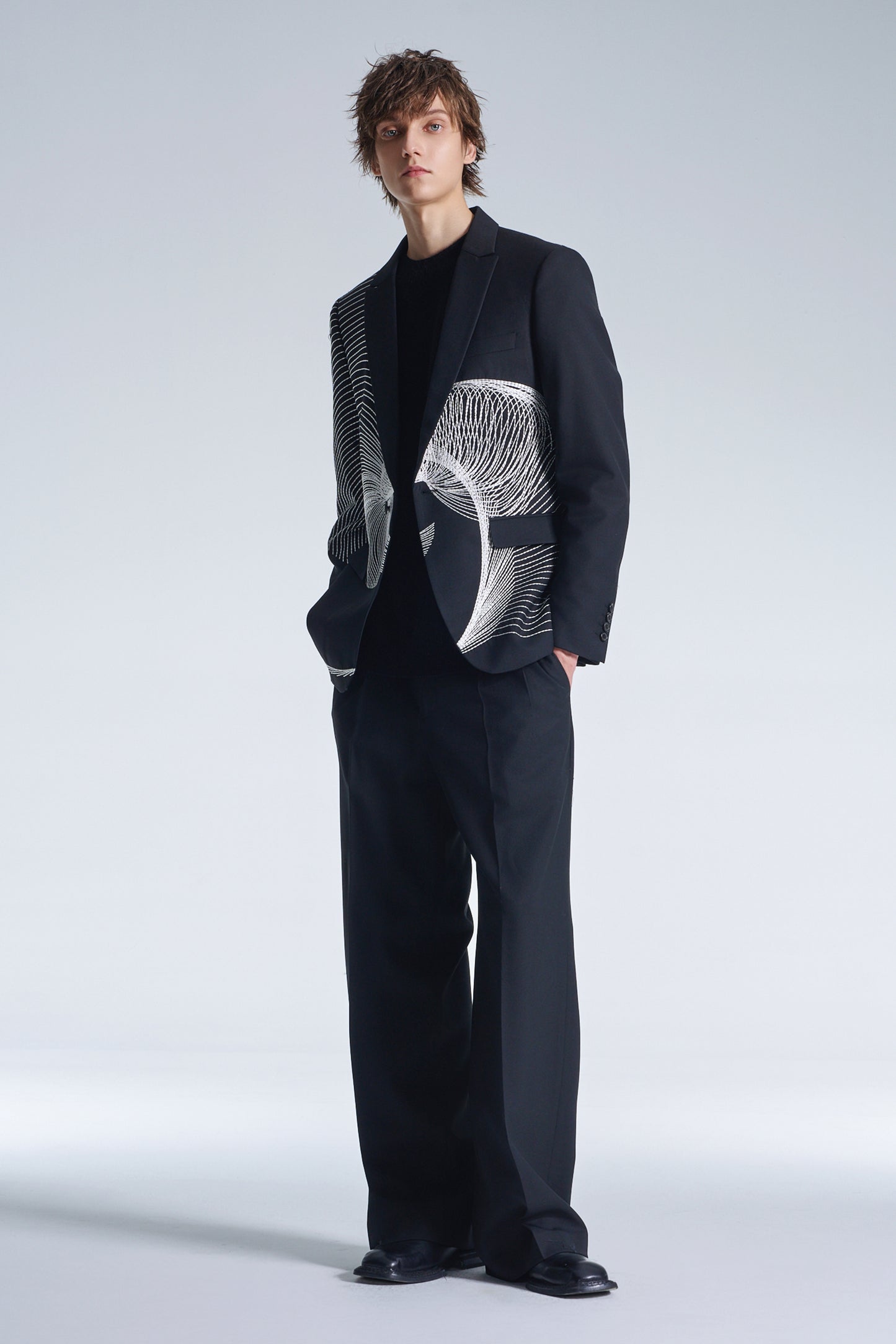 Wool Blazer With Twisted Wavy Lines Embroidery