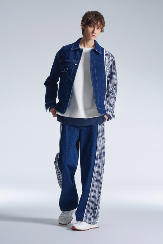 Wide Leg Denim Pants Contrast With Checks