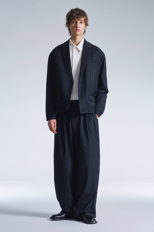 Boxy Wool Blazer With Denim Trim