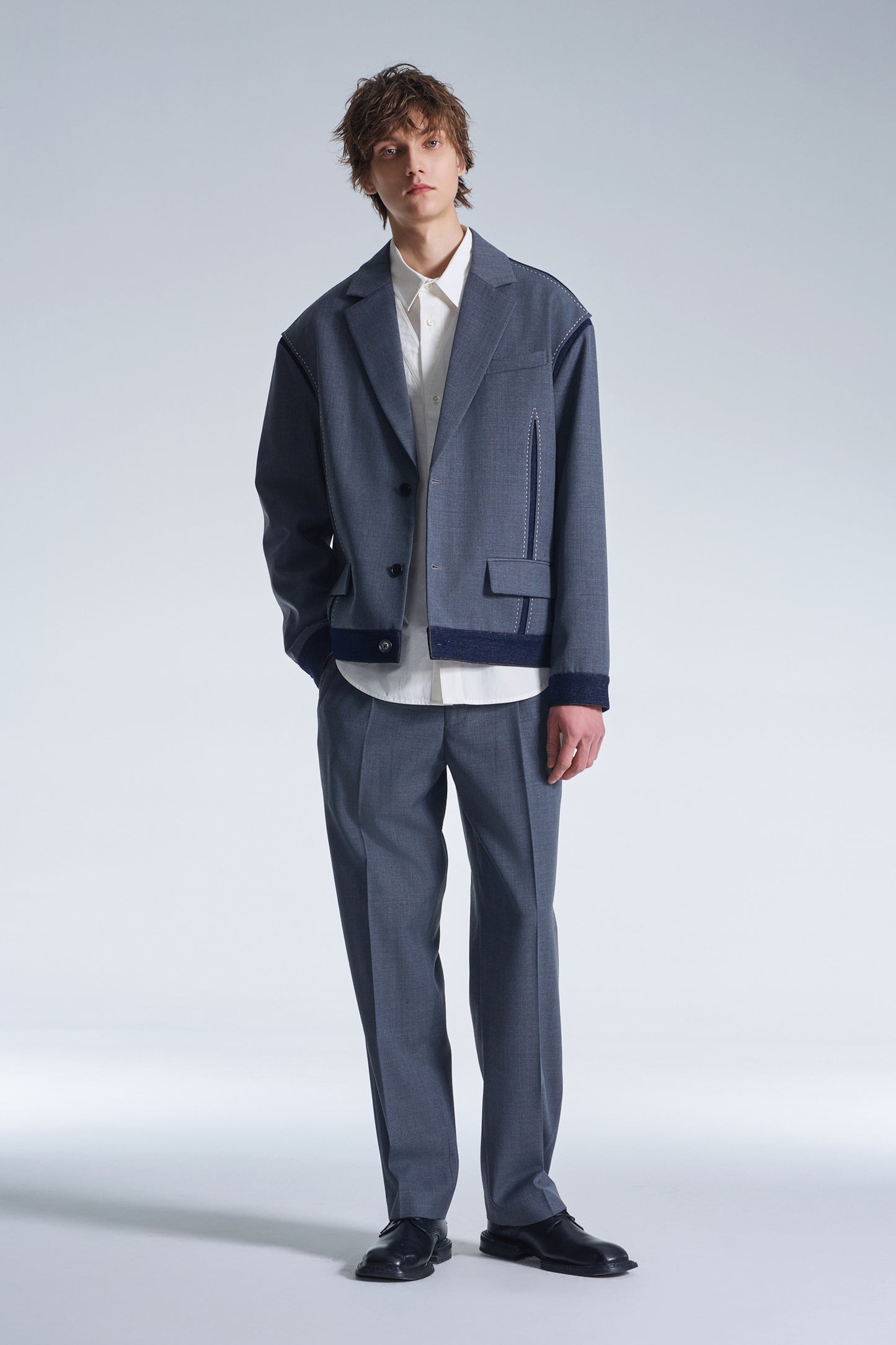 Boxy Wool Blazer With Denim Trim