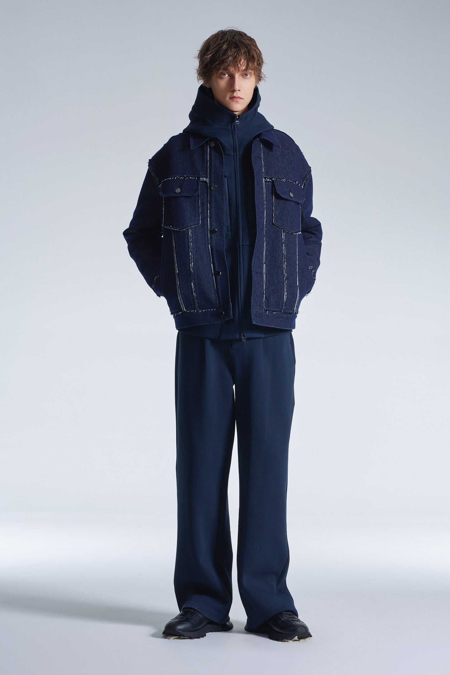 Raw Edge Denim Jacket With Sandwich Knit Base
