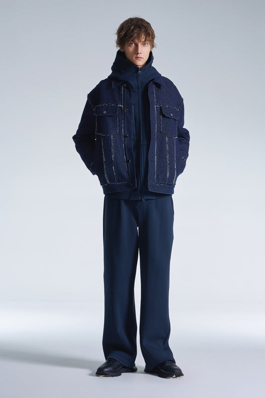 Raw Edge Denim Jacket With Sandwich Knit Base