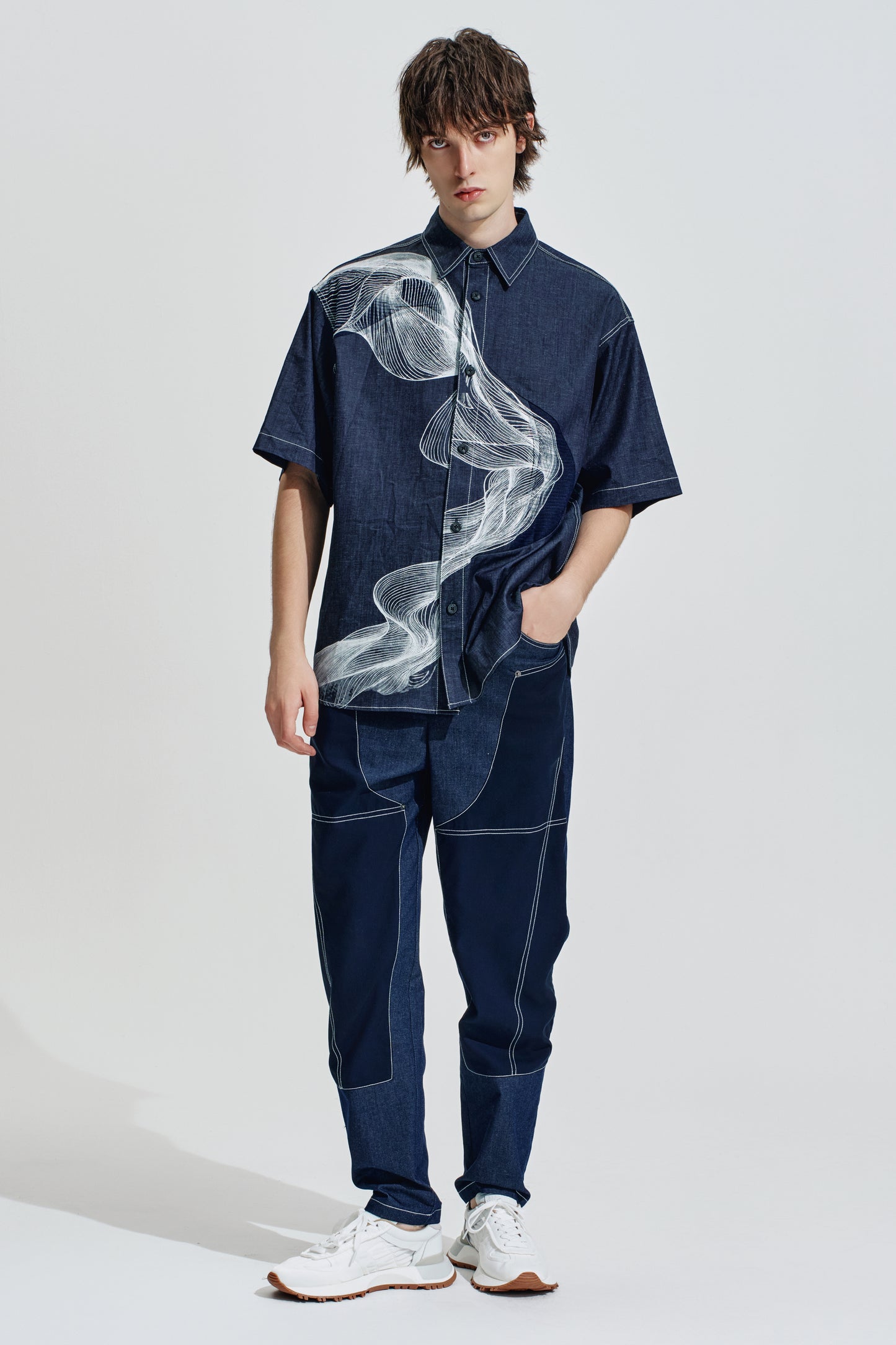 Fake Denim Pants With Fabric Contrast