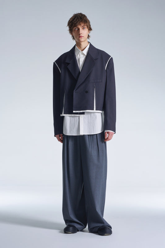 Wide Shoulder Cropped Blazer With Raw Edge Trim