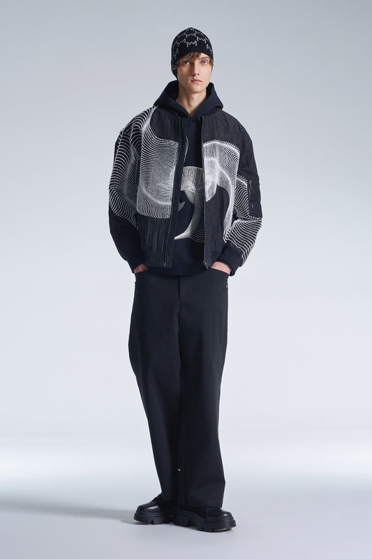 Bomber Jacket With Wavy Dots Lines Embroidery