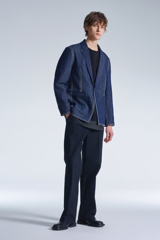 Raw Edge Denim Blazer With Sandwich Knit Base