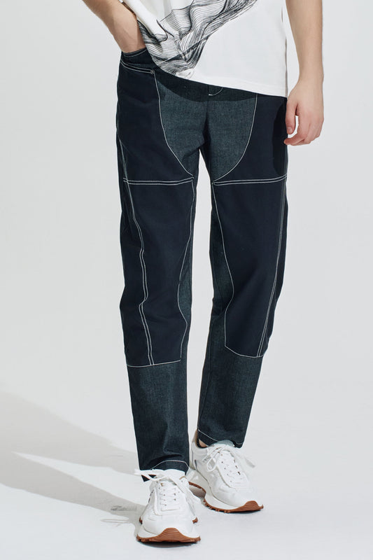 Fake Denim Pants With Fabric Contrast
