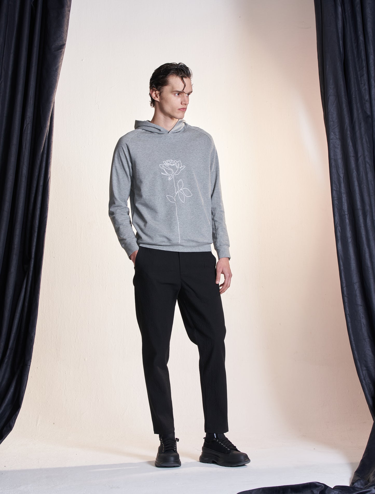 Hoodie With String Flower Embroidery