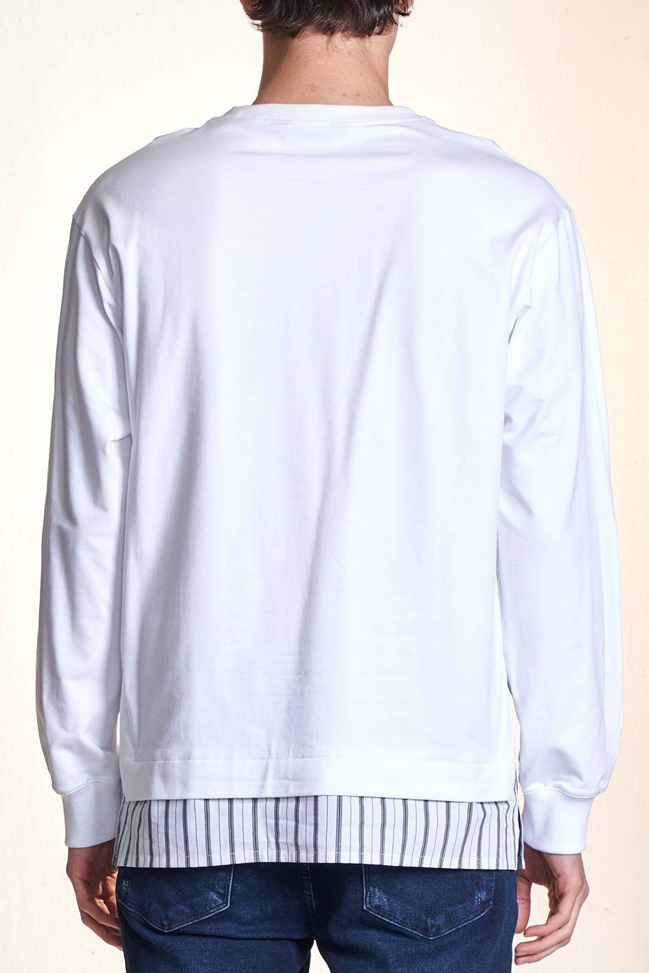 Long Sleeve Tee With Stripe Woven Hem