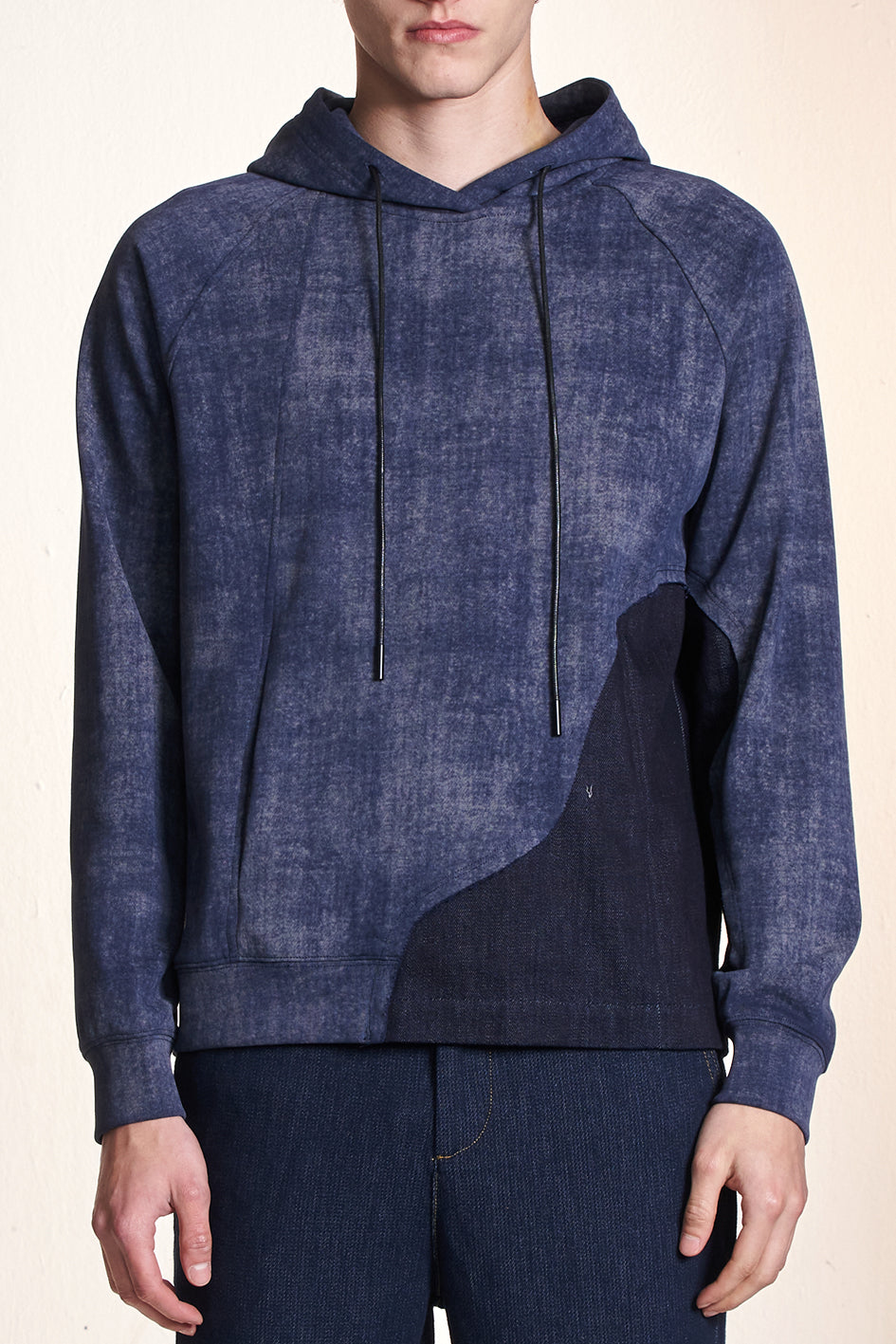 Batik Knit Hoodie With Denim Contrast