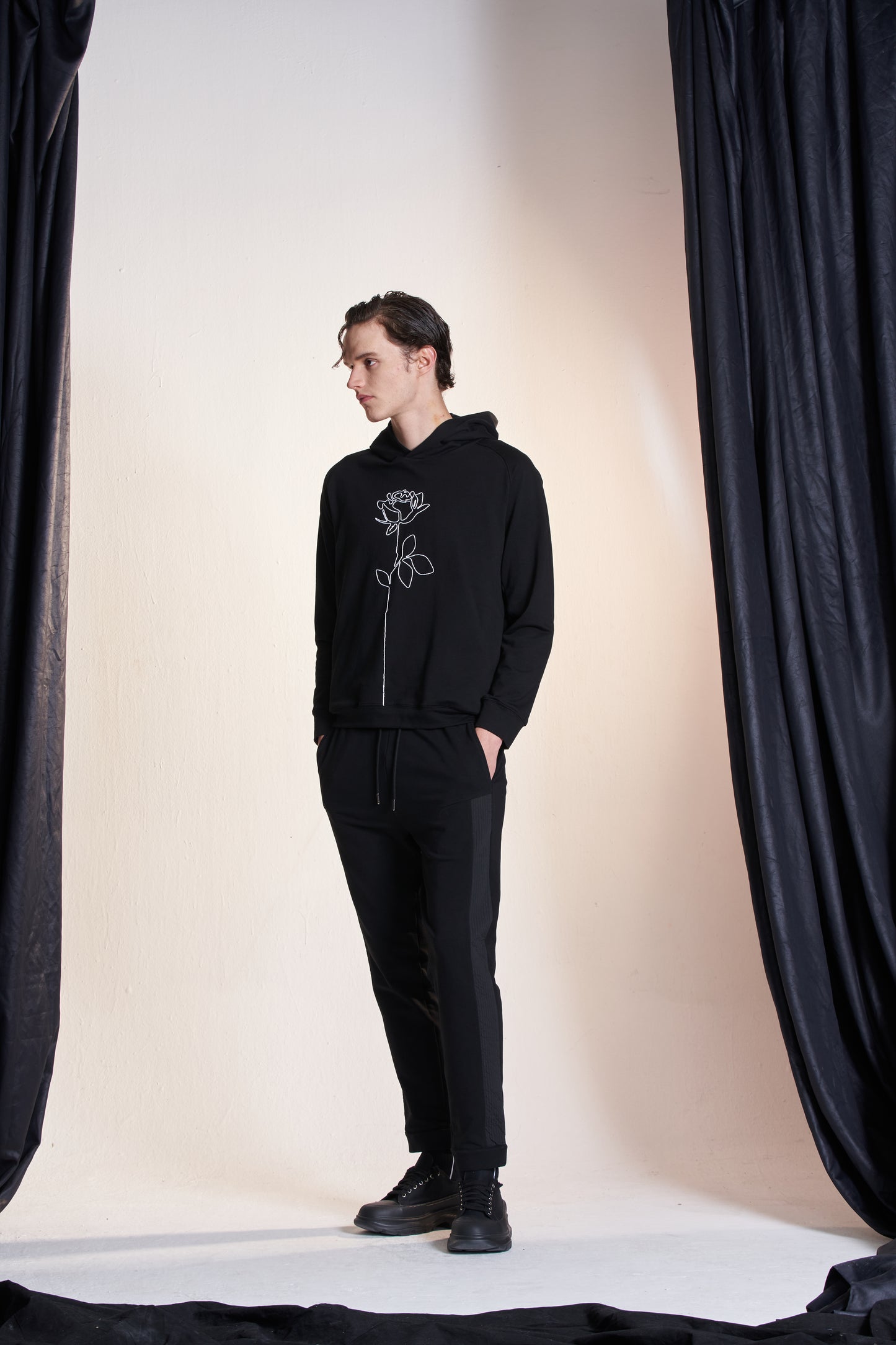 Hoodie With String Flower Embroidery