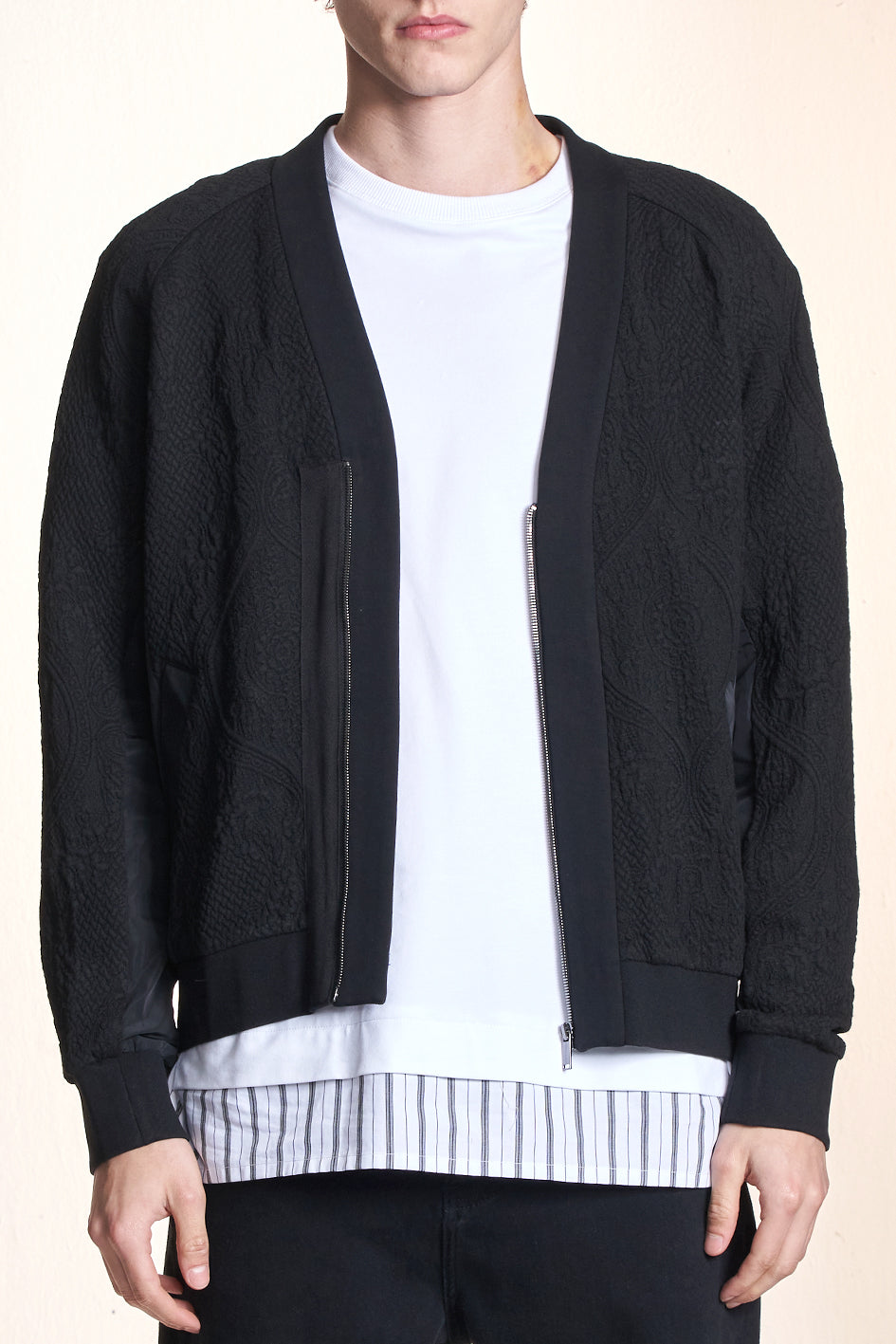 Knit And Nylon Contrast Zipper Jacket