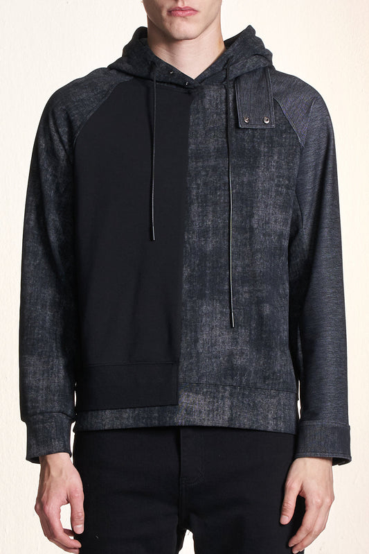 生地コントラストデニムスリーブ付きパーカー