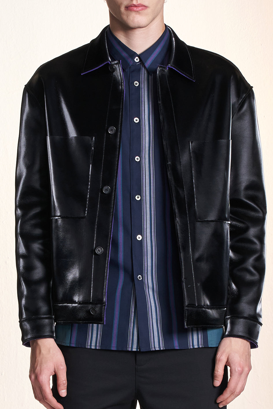 Shiny PU Raw Edge Jacket With Purple Facing