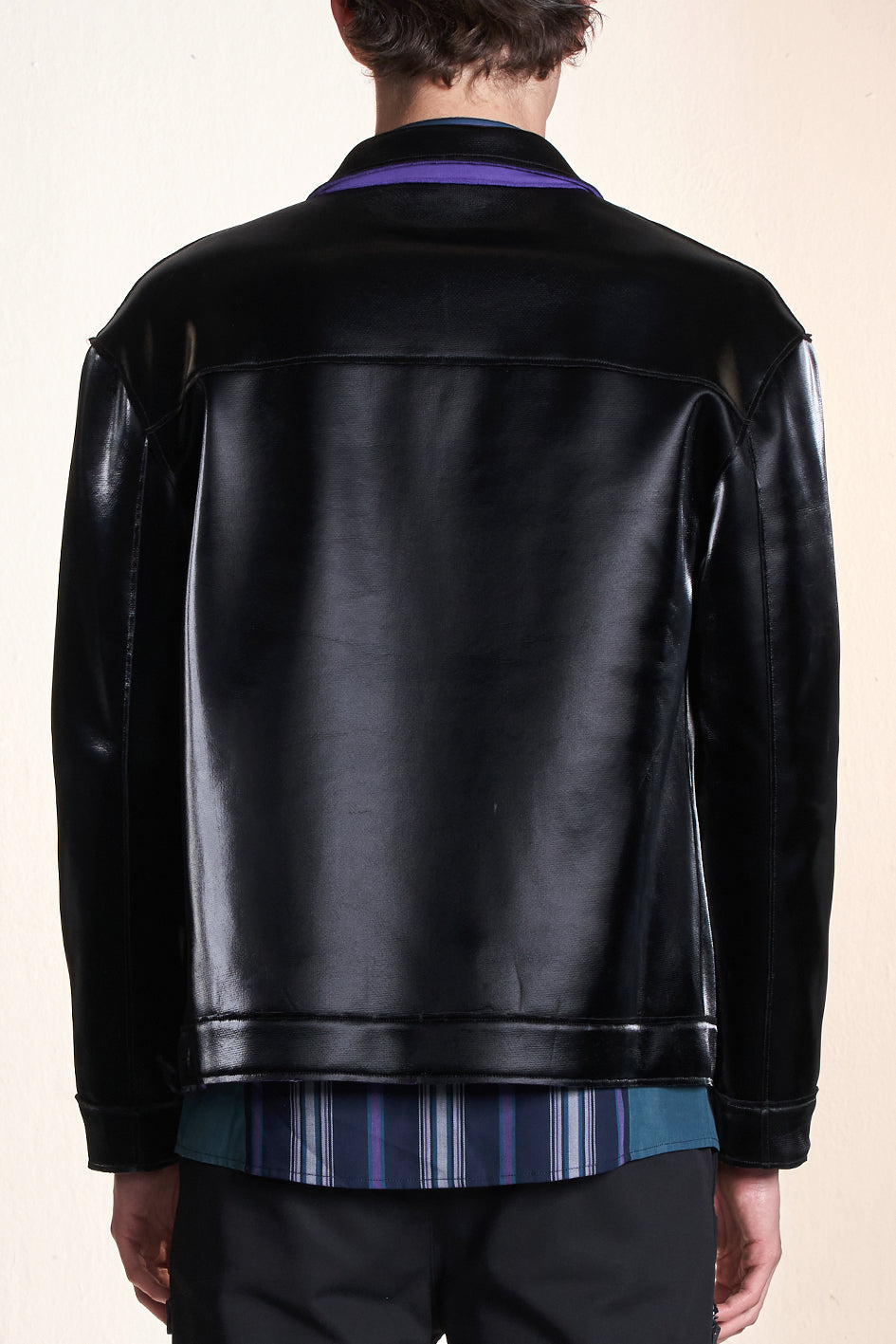 Shiny PU Raw Edge Jacket With Purple Facing