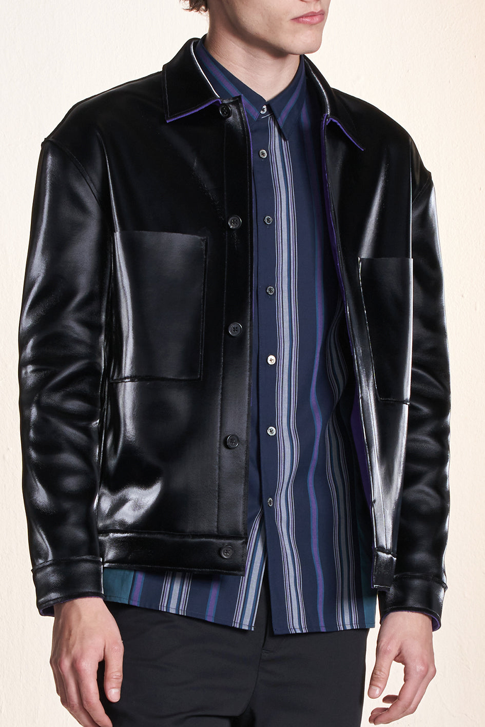 Shiny PU Raw Edge Jacket With Purple Facing