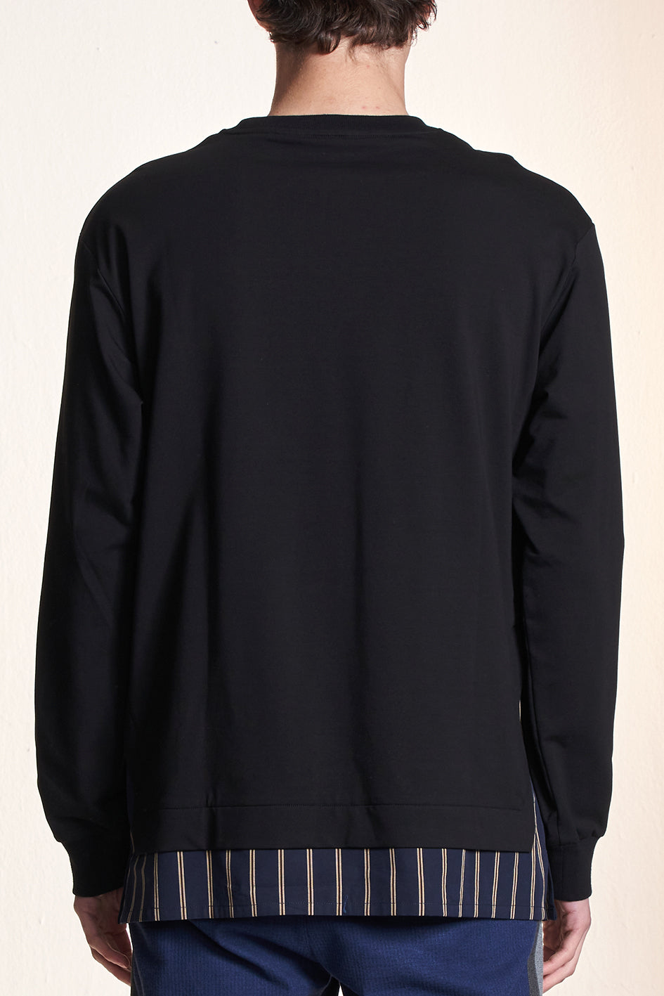 Long Sleeve Tee With Stripe Woven Hem