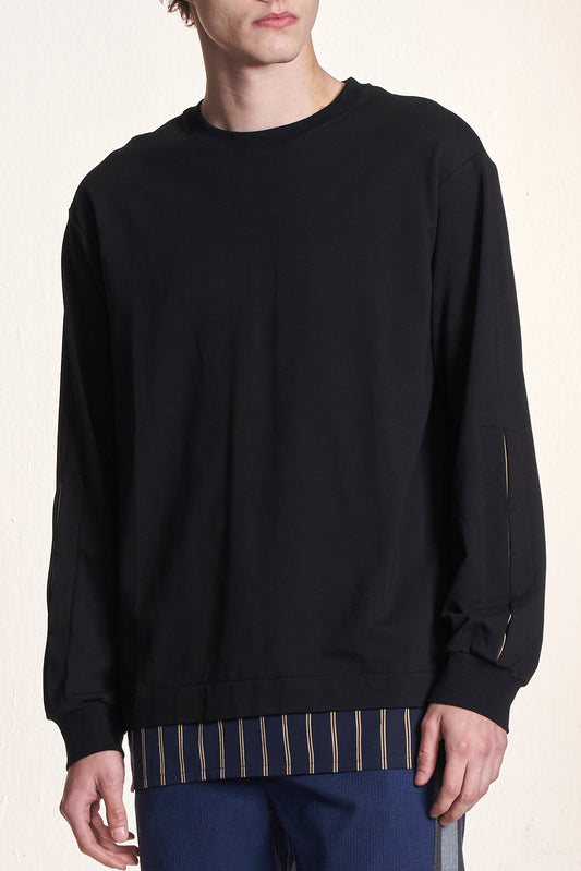 Long Sleeve Tee With Stripe Woven Hem