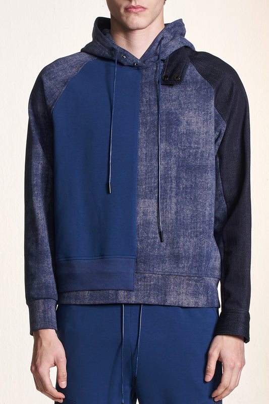 生地コントラストデニムスリーブ付きパーカー