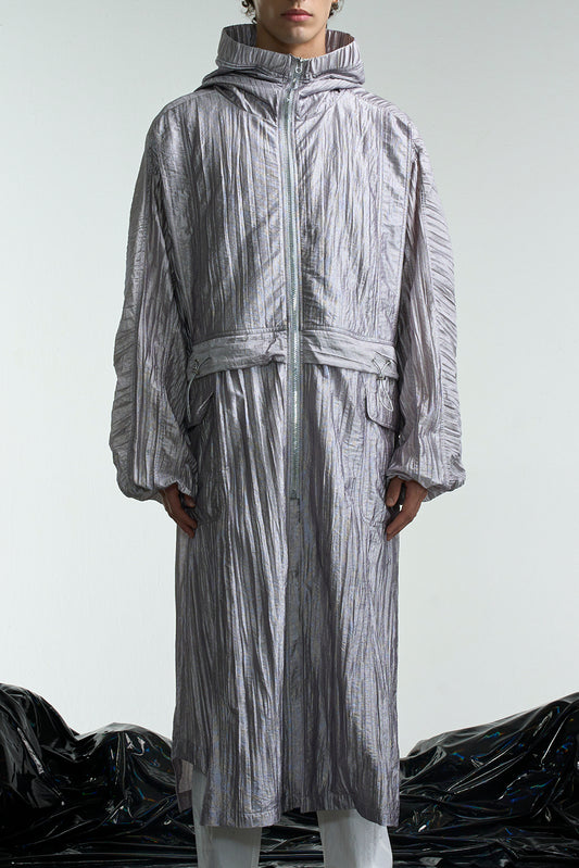 Pleated Sheer Mix Coat With Hood