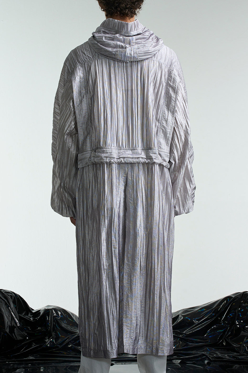 Pleated Sheer Mix Coat With Hood