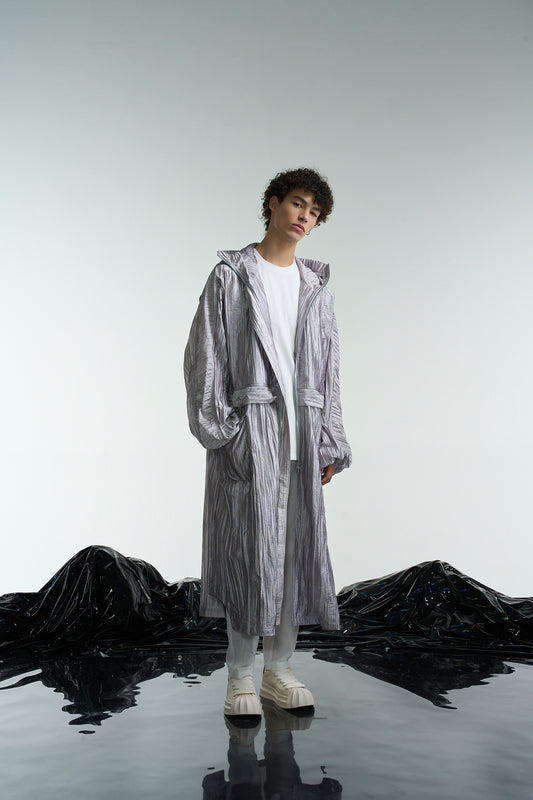 Pleated Sheer Mix Coat With Hood