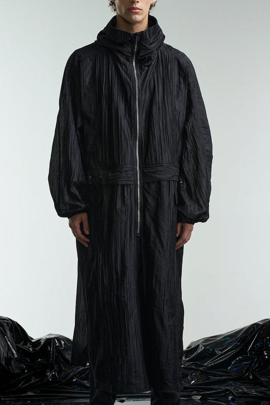 Pleated Sheer Mix Coat With Hood