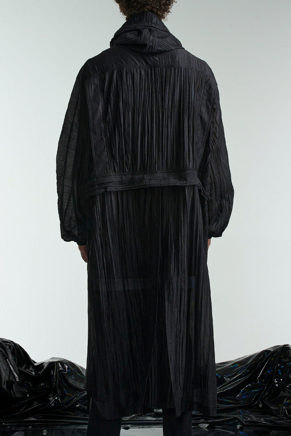 Pleated Sheer Mix Coat With Hood