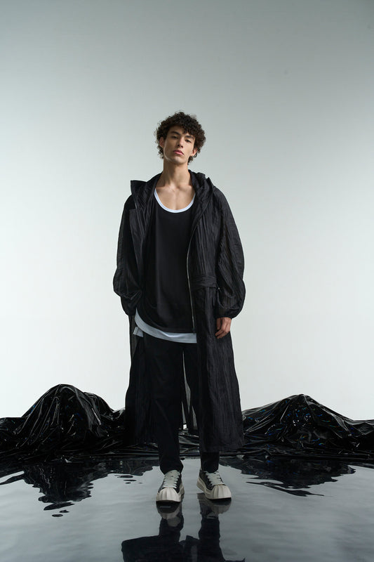 Pleated Sheer Mix Coat With Hood