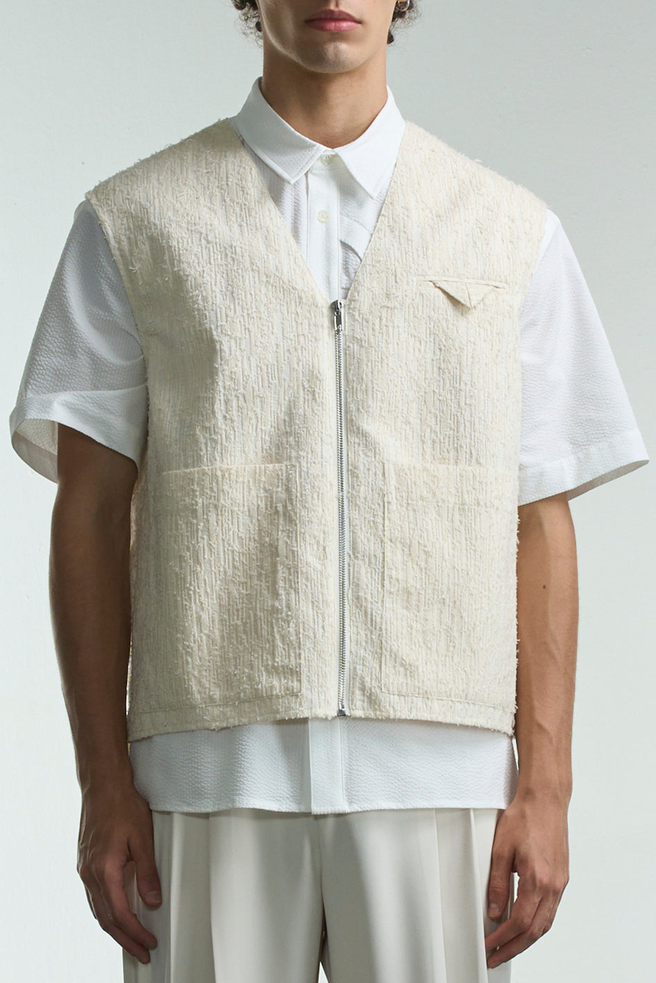 Sheer Textured Cotton Waistcoat With Zipper