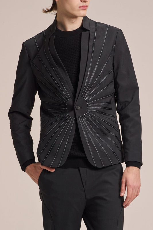 テープ&ステッチ入りスタンドカラーブレザー