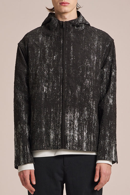 シルバーブラシプリントのクレープフードジャケット