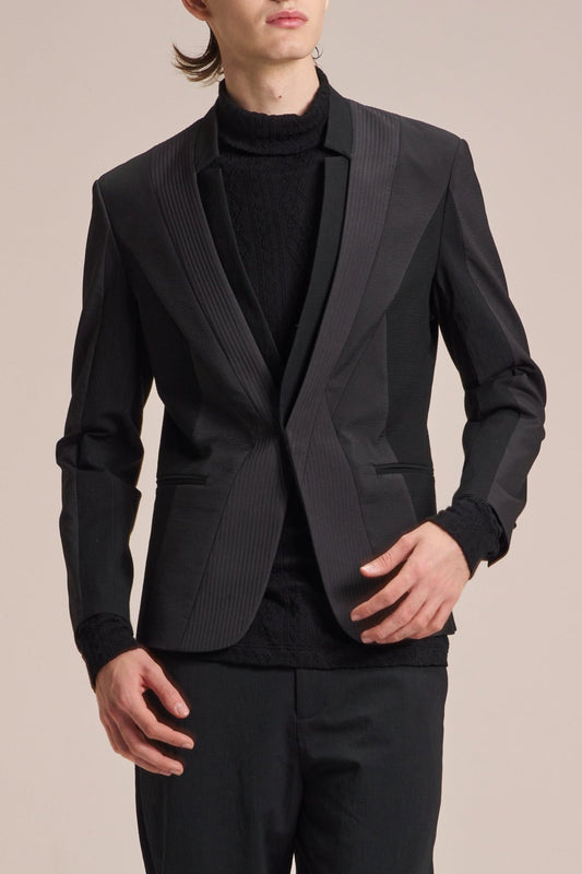 Stand Collar Blazer With Fabric Contrast