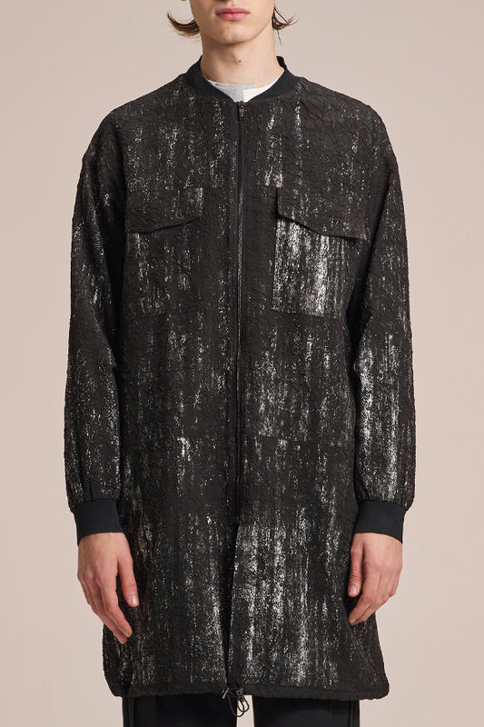 シルバーブラッシュプリントのクレープジッパーロングジャケット