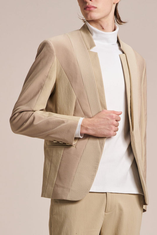 Stand Collar Blazer With Fabric Contrast