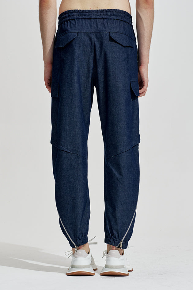 Fake Denim Cargo Pants With Zipper Hem