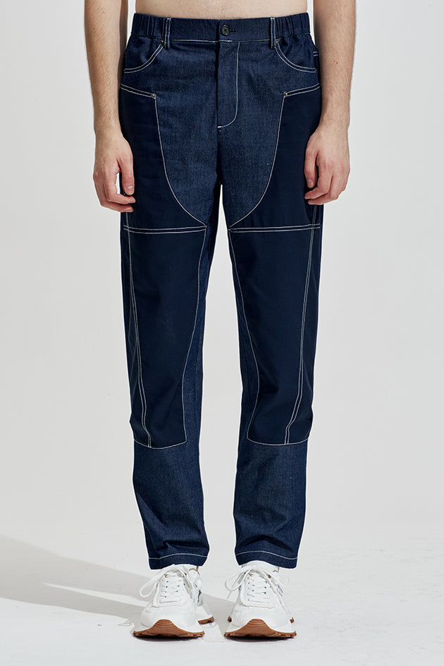 Fake Denim Pants With Fabric Contrast