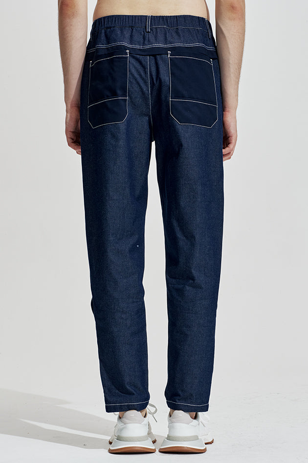 Fake Denim Pants With Fabric Contrast