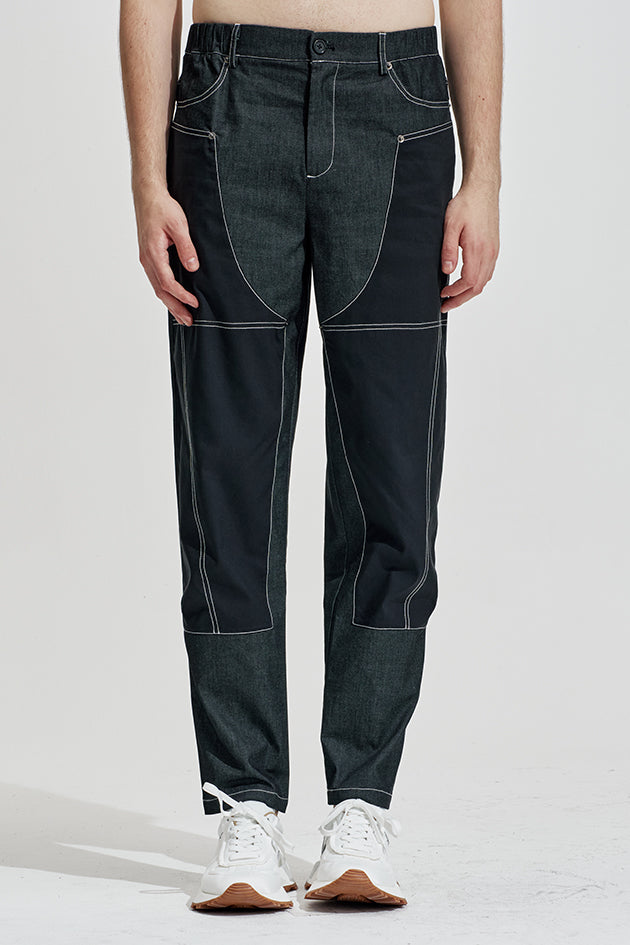 Fake Denim Pants With Fabric Contrast