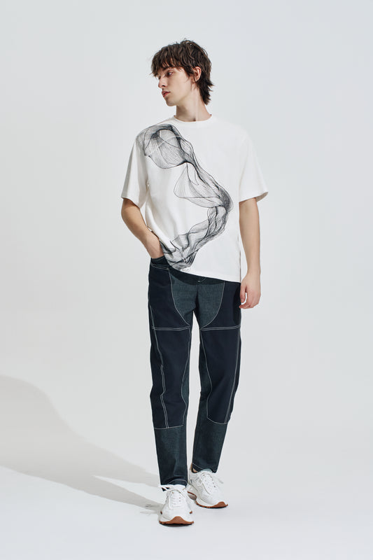 Fake Denim Pants With Fabric Contrast