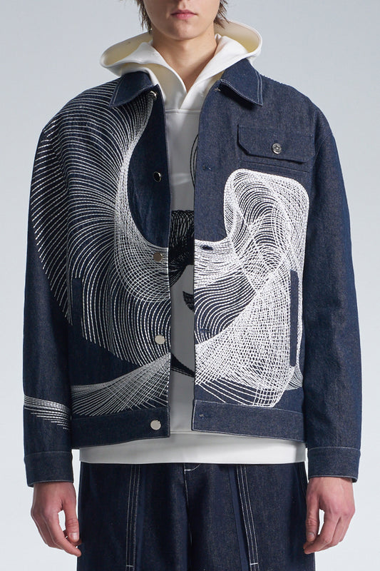 Denim Jacket With Twisted Wavy Lines Embroidery