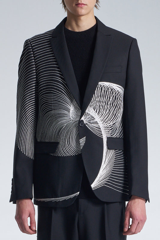 Wool Blazer With Twisted Wavy Lines Embroidery