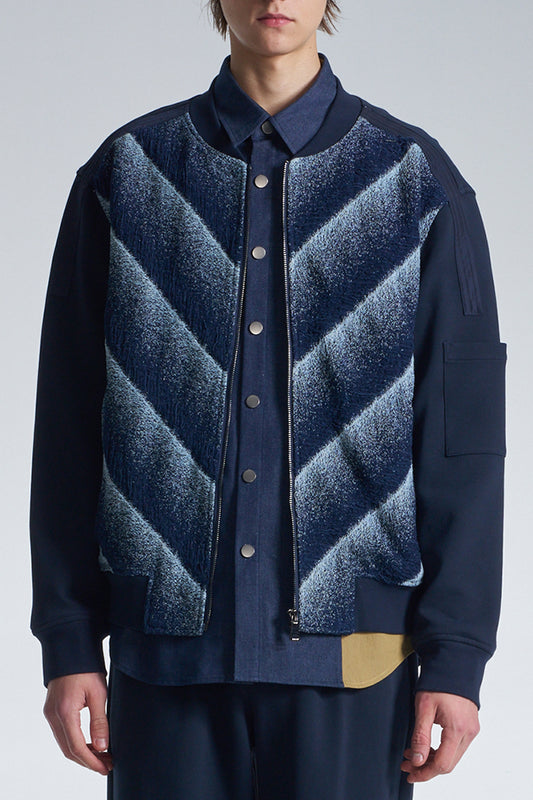 Bias Stripe Denim Zipper Jacket With Knit Sleeve