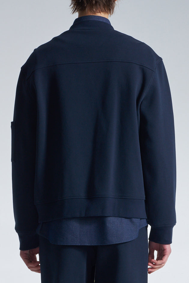 Bias Stripe Denim Zipper Jacket With Knit Sleeve