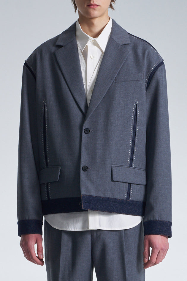 Boxy Wool Blazer With Denim Trim