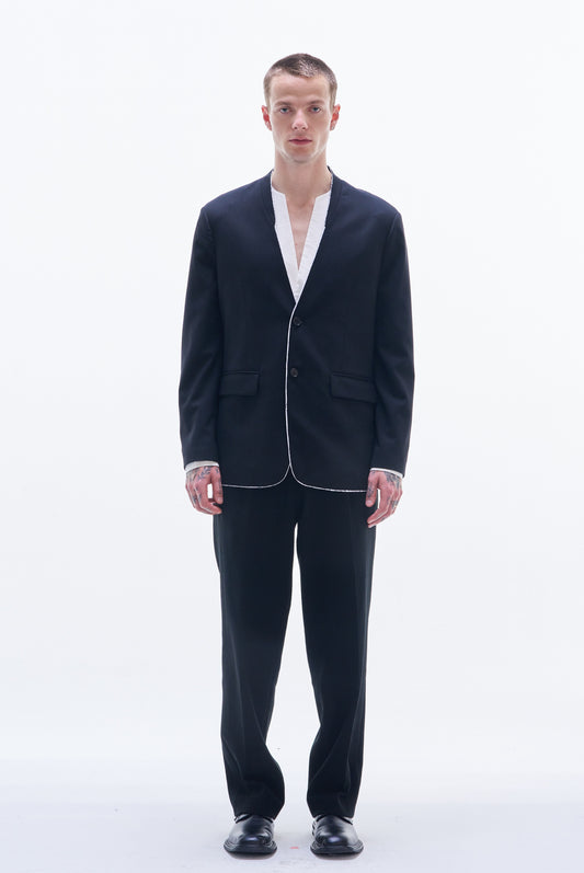 No-Collar Wool Blazer with Raw Edge