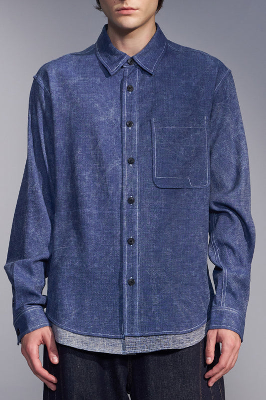 Washed-Dyed Denim Shirt with Layered Hem